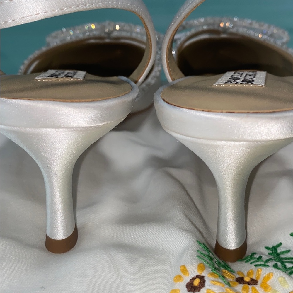 Badgley Mischka White Satin Pointed Toe Slingback Heels with Crystal Bow Accent - Picture 13 of 13